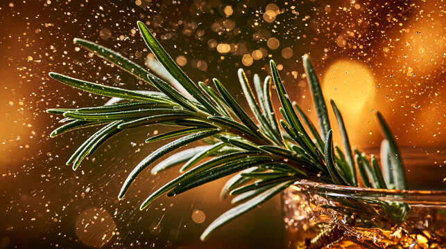 Fresh rosemary sprig over a glass of amber liquid with golden particles in motion