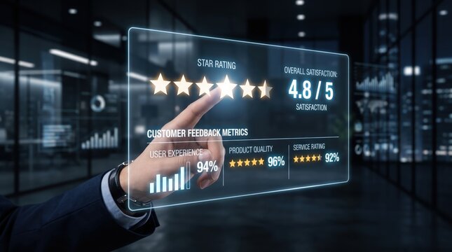 A businessman interacting with a futuristic transparent holographic display showing customer satisfaction metrics, star ratings, and feedback analytics against a dark blurred