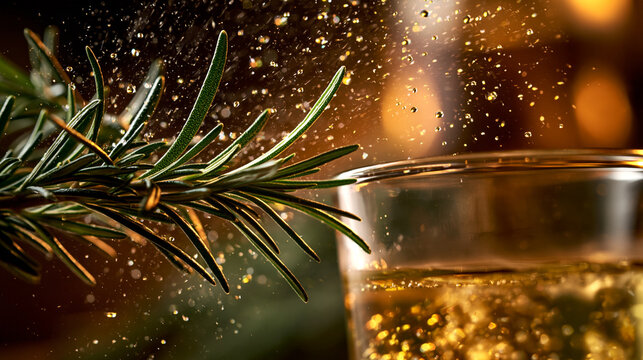 Green rosemary sprig over an empty glass with shimmering gold dust and warm lighting
