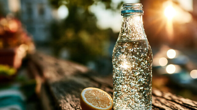 Clear glass bottle containing sparkling water with fresh lemon slice on wooden surface