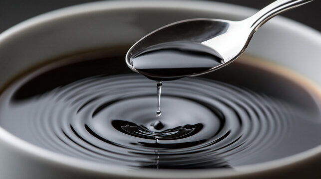 Metal spoon dripping dark black coffee into ceramic bowl creating ripple effect with wake