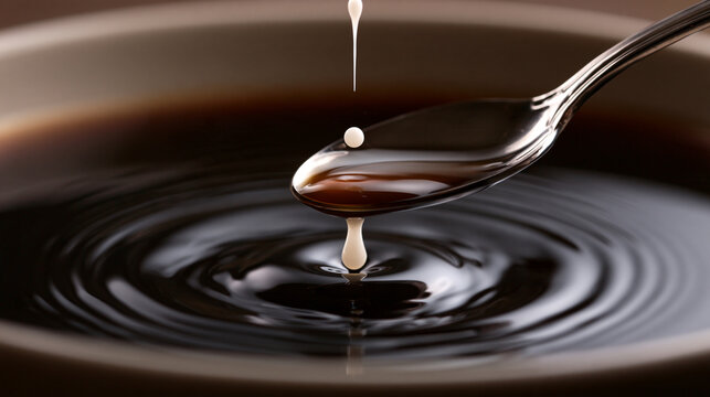White cream droplet falling from spoon into deep dark liquid with background