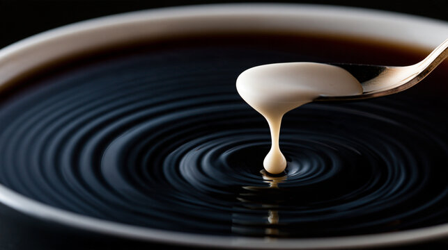 Creamy white milk dropping from silver spoon into dark coffee surface with hot drink