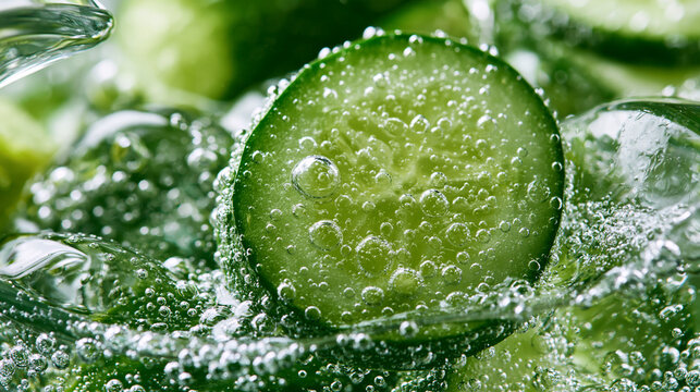 Close-up of green cucumber slice inside carbonated water with vegetable sparkling wat