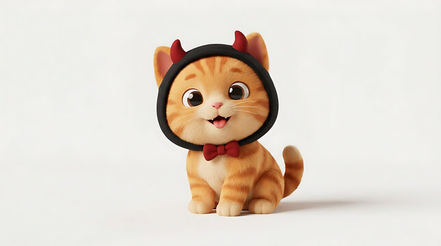 A cute ginger tabby kitten wearing a black devil horn hood and a red bow tie, sitting on a white background with a happy expression.