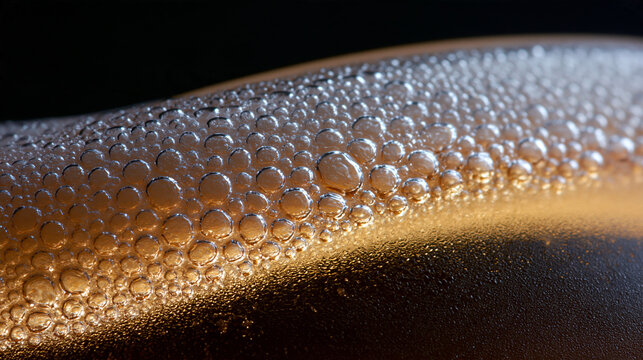 Close up of carbonated beverage foam and rising bubbles in dark liquid with carbonation