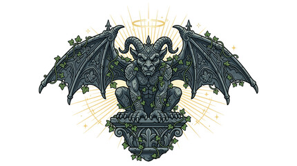 Mythical Gothic Gargoyle Stone Statue with Spread Wings and Green Ivy on Ornate Pedestal Illustration © kaos