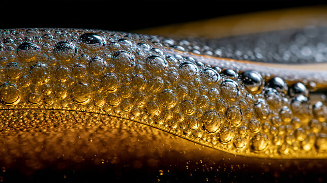 Extreme macro detail of champagne bubbles forming on curved glass surface with carbonation
