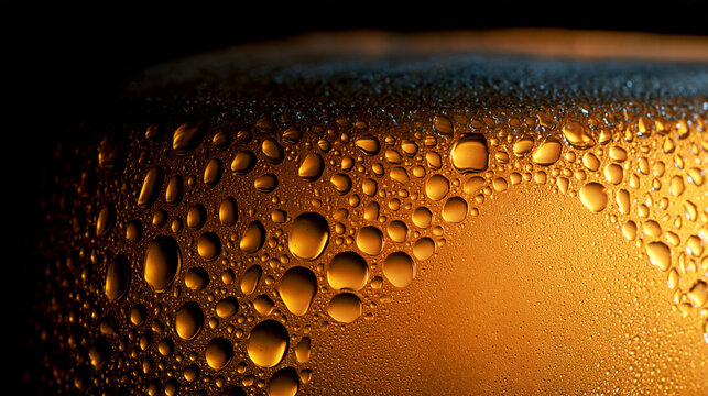 Macro view of condensation beads on a cold golden glass surface with droplets