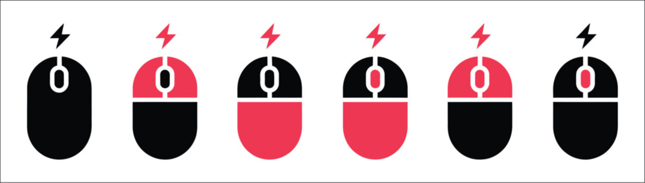 Computer mouse click action icons set, with left right click, scroll wheel, lightning speed, and pointer control design.