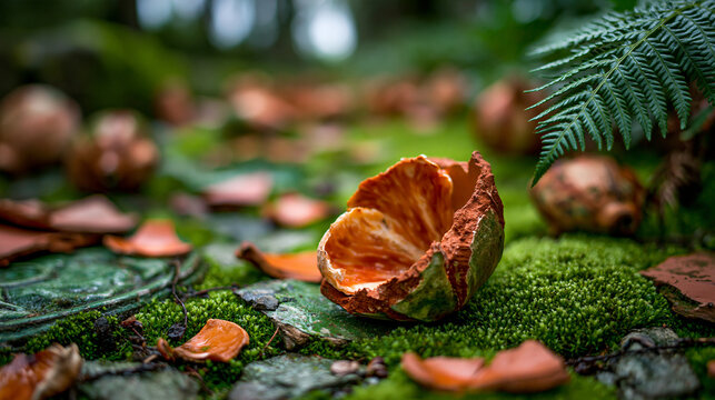 Fallen autumn fruit casing on a mossy forest floor with seed pod leaf plant matter