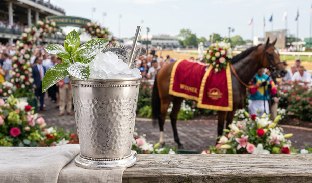 refreshing Mint Julep cocktail (bourbon, muddled fresh mint, simple syrup) served in a frosty, hammered sterling silver cup overflowing with a mound of crushed ice, garnished with a vibrant, leafy min