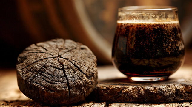 Dark cold brew coffee served in a glass next to charcoal with black roast