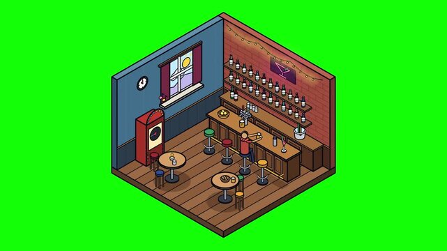 Isometric Bar Green Screen Animation Design Featuring A Person Having A Drink In A Pub Room For Atmospheric Nightlife Interior Concept And Social Gathering Media