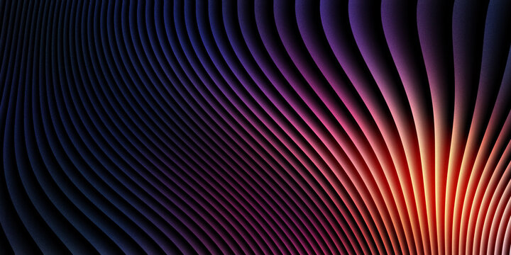 Futuristic abstract wavy lines with glowing orange and purple gradients on dark background, modern rhythmic curved stripes creating dynamic motion, elegant digital wave pattern for web banners.