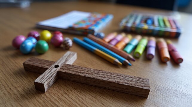 Christian vacation bible school craft supplies with wooden cross, faith based classroom activities, religious education materials, sunday school art projects, children&rsquo;s ministry decorations, and crea