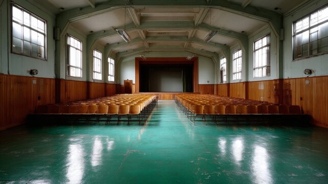 Empty auditorium in an old school building with green flooring, spacious indoor assembly hall, vintage educational architecture, traditional school interior, student gathering venue, and institutional
