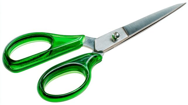 Open school scissors with green handles isolated on transparent background, essential classroom stationery and craft cutting tool for students, teachers, school projects, art activities, paper cutting