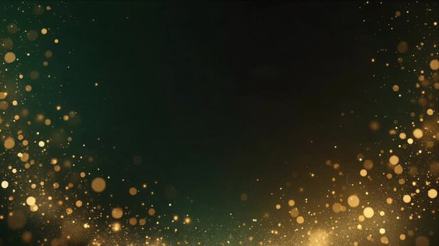 Luxury glitter celebration background with golden light particle and bokeh sparkle framing dark green space for elegant festive holiday design, seasonal decoration, and atmospheric decorative