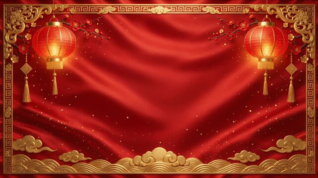 Chinese New Year red gold background with glowing lantern, ornate cloud frame, flowing silk texture, elegant festival celebration design, traditional pattern and warm cultural greeting atmosphere