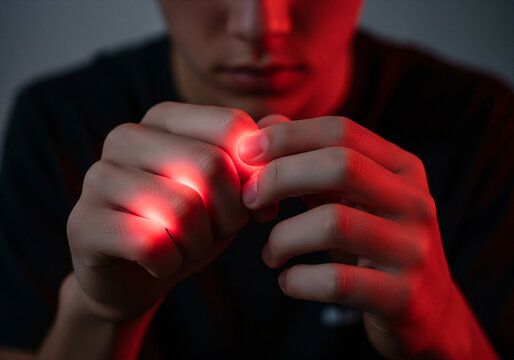 Close up of hands suffering from knuckle joint pain with red glow