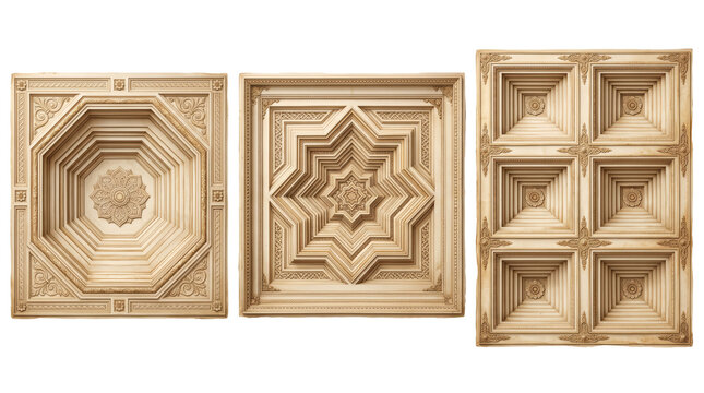 Three decorative wooden ceiling panels featuring carved geometric patterns, octagonal, star-shaped, and square recessed in light wood