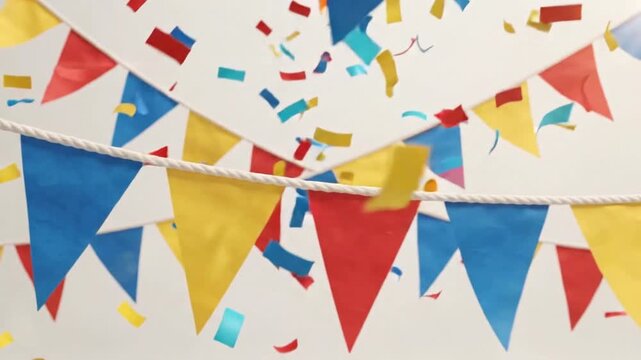 Colorful confetti showers over festive bunting flags, creating a joyful and celebratory atmosphere for events.