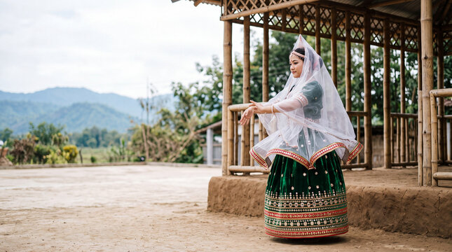 Young Manipuri woman in green embroidered skirt and veil dancing at bamboo village house with copy space on left