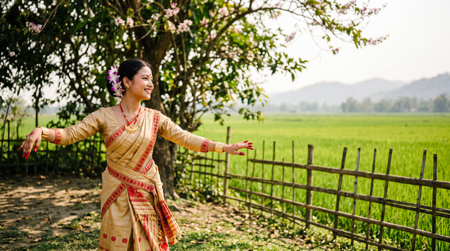 Smiling young Indian woman dancing Bihu in Assamese mekhela chador by green paddy field with copy space on right