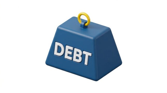 3d illustration of a heavy blue weight labeled with the word debt isolated on white background
