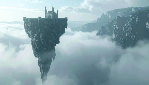 Fantasy castle on floating island above clouds.