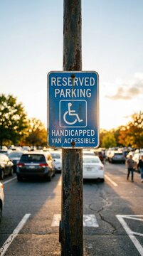 Handicapped Parking Sign on Rusty Pole in Sunny Autumn Parking Lot