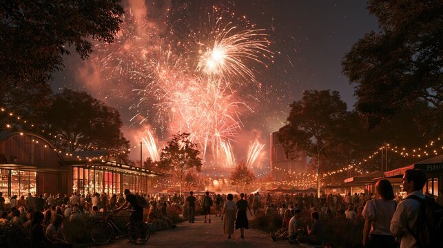 Crowd watching dazzling fireworks display above a bustling night market with string lights illuminating trees and buildings