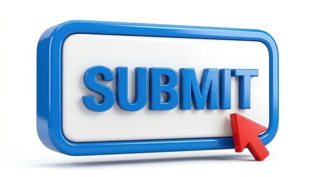 3d button with the word submit and a red mouse cursor pointer, isolated on white background
