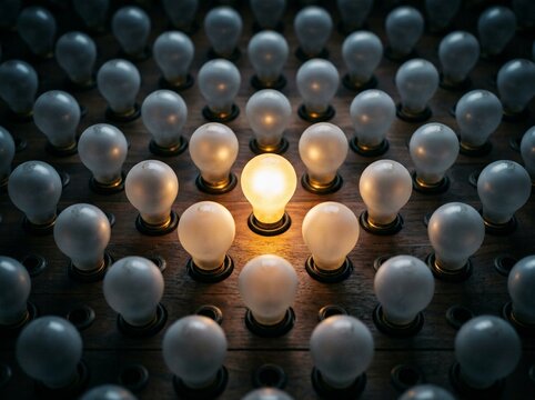 Bright Light Bulb Illuminating Among Many Dark Bulbs for New Ideas
