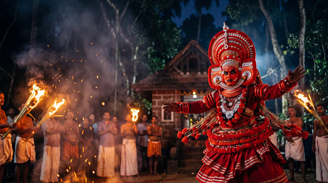Theyyam dancer in elaborate red costume performing at night with fire torches at Kerala village shrine