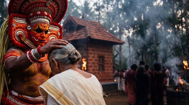 Theyyam performer in red ritual costume blessing senior Indian woman at village shrine in Kerala