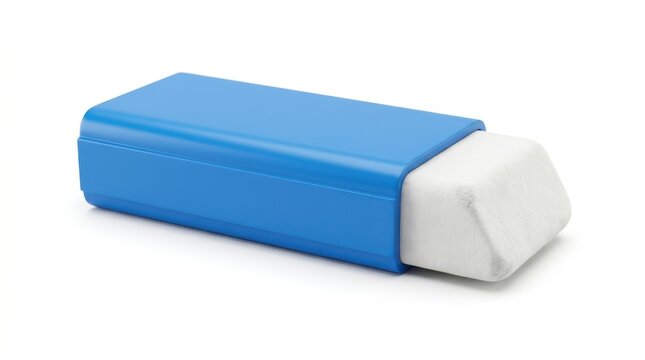 A white rubber eraser with a blue plastic sleeve isolated on white background