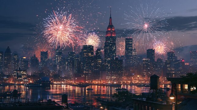 New York City skyline at night with vibrant fireworks display over the Hudson River during a celebration