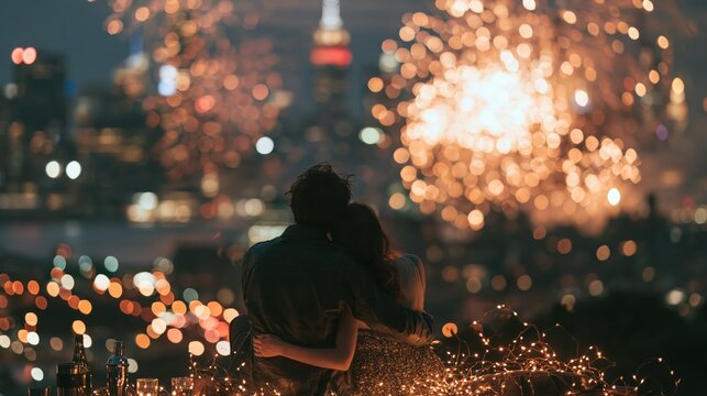 Couple embraces watching city fireworks during celebration with bokeh lights creating romantic ambiance