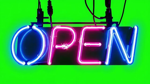 Glowing neon open sign flickering and pulsing with vibrant blue and pink light on a green screen background
