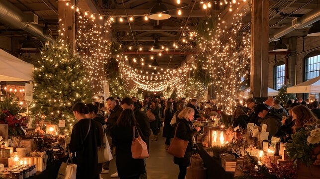 Festive holiday market with glowing string lights and decorated Christmas trees illuminating shoppers browsing stalls