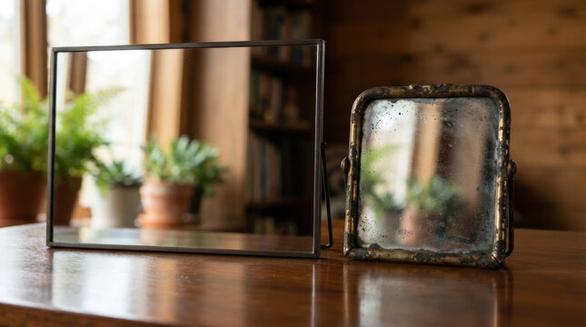 Mirror and frame on wooden table with vintage glass near window and plant create warm interior with weathered reflective surface