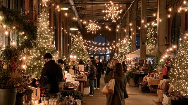 Festive Christmas market with illuminated trees and people browsing stalls during a winter evening