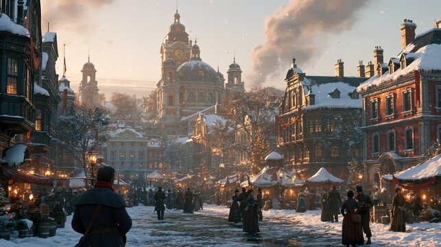 Snowy Victorian Town during golden hour with distant smoke and crowds