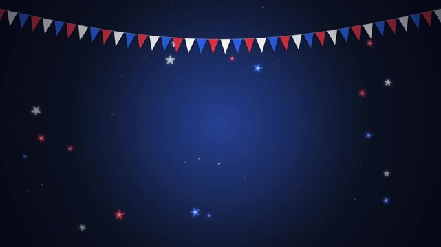 Festive blue patriotic background with bunting flags and shining stars