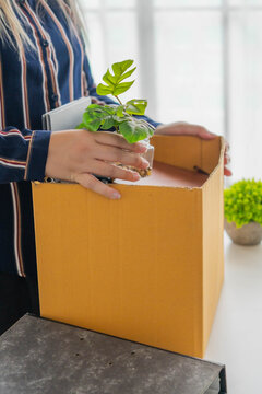 Asian businesswoman packing up stuff on working table in office