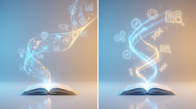 Magical Open Book with Glowing Education and Science Icons Floating Out.