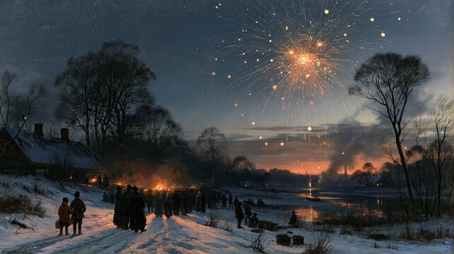 Winter festival gathering with fireworks over a snow-covered village and frozen river at dusk