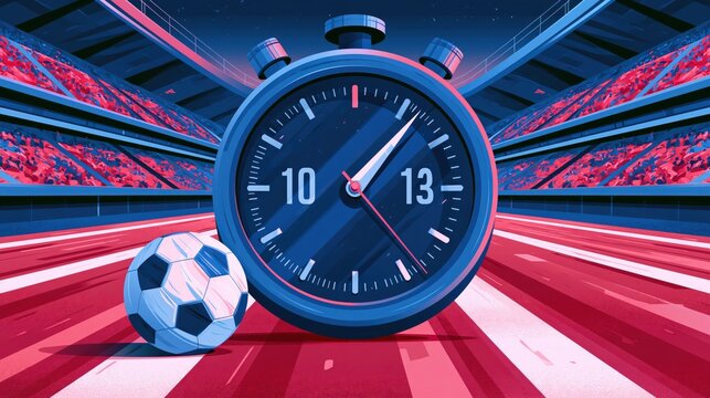 Soccer ball and stopwatch during a stadium race concept with dynamic lighting and motion blur